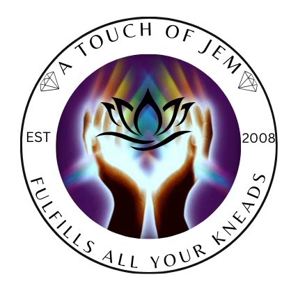 A Touch of JEM logo, outstretched cupped hands holding glowing lotus flower