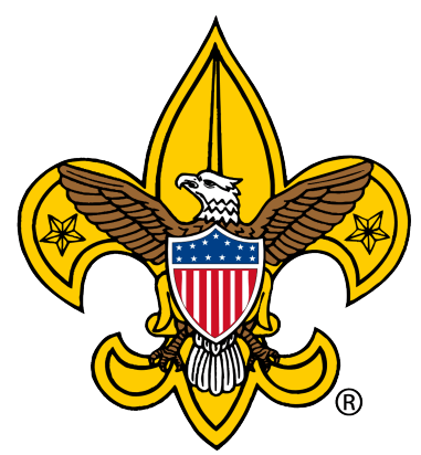 Boy Scout  troop 474 logo, gold fleur-de-Lis, one star on each side, eagle overlay with red white and blue shield in the center