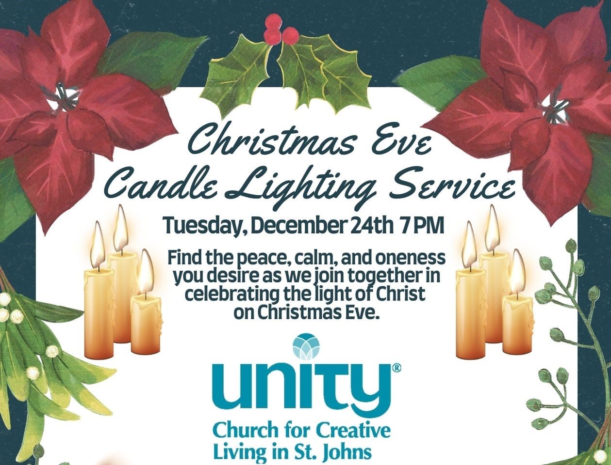 Christmas Eve 2024 flyer with a boarder of holly and poinsettia, lit candles and UCCL logo  in the center 