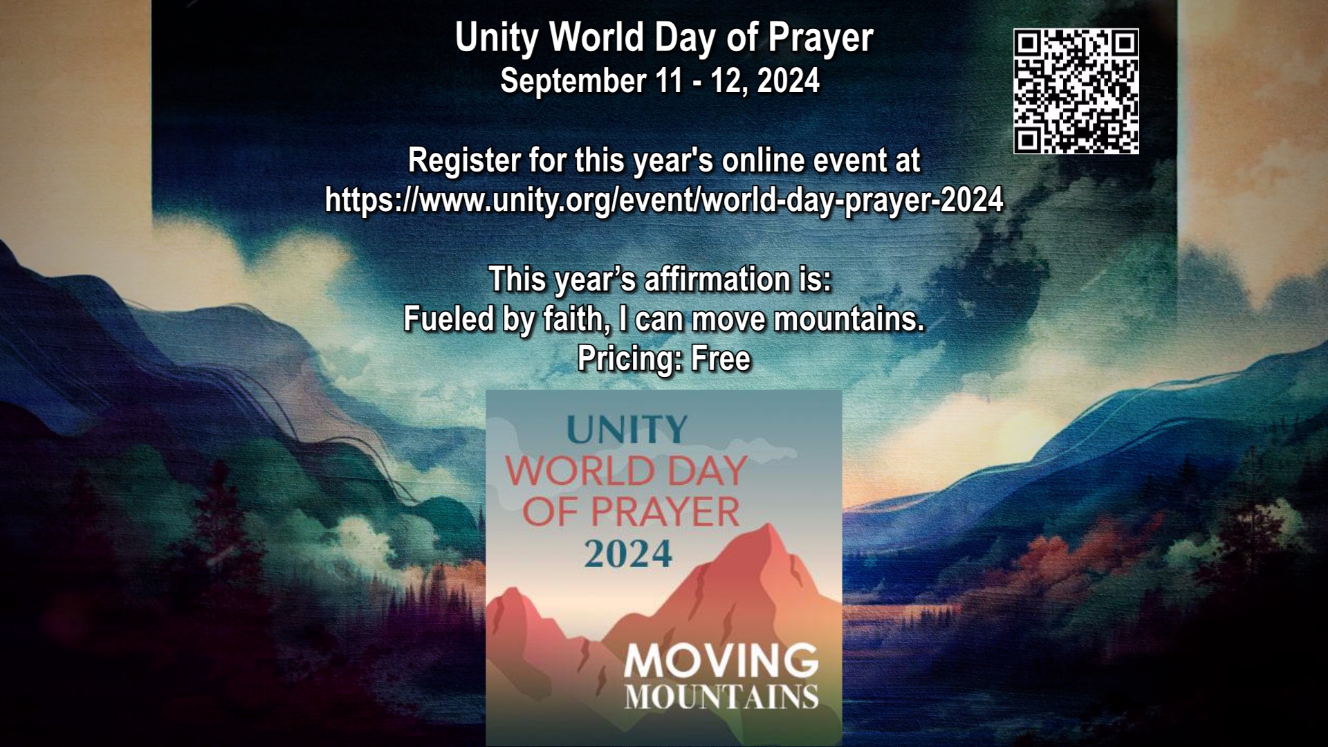 Registration QR code for the online Unity World Day of Prayer Events at Unity Village 