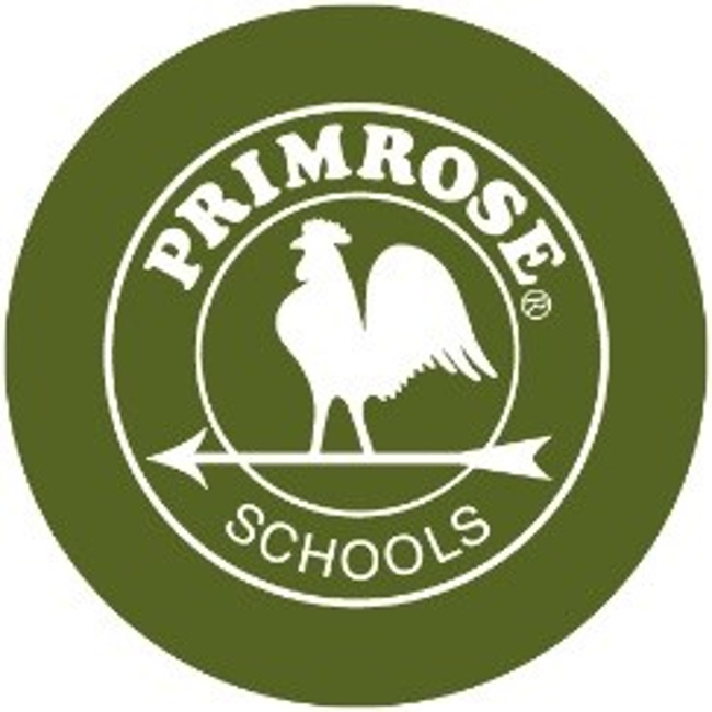 Primrose School logo, green circle with a rooster standing on an arrow